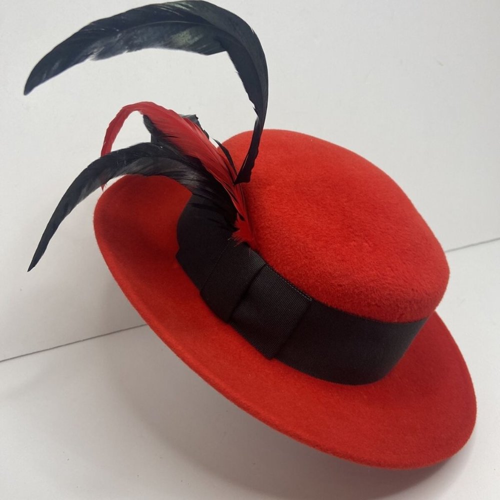 Vintage Frank Olive Private Collection Tally Ho Red Genuine Velour Feathered Hat